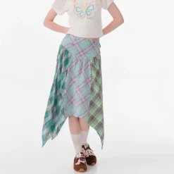 Skirts*Boogzel Clothing Patchwork Midi Plaid Skirt Green