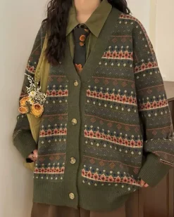 Knit Cardigans*Boogzel Clothing Patterned Knit Oversized Cardigan Green