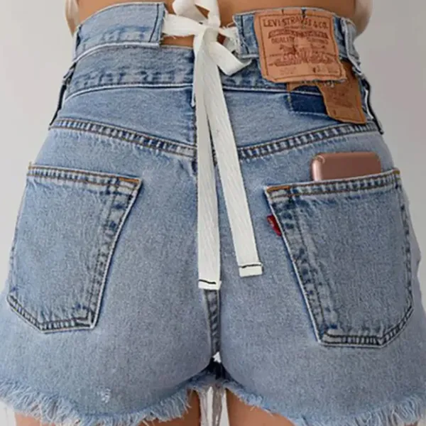 Shorts*Boogzel Clothing Permanent Vacation Bow Tie Denim Shorts Blue