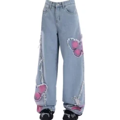 Jeans*Boogzel Clothing Pink Butterfly Wide Leg Jeans Blue