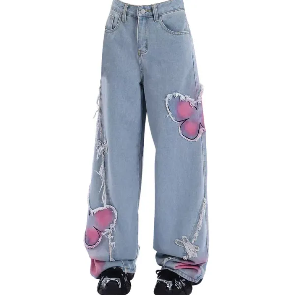 Jeans*Boogzel Clothing Pink Butterfly Wide Leg Jeans Blue