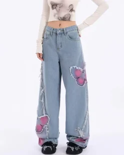 Jeans*Boogzel Clothing Pink Butterfly Wide Leg Jeans Blue