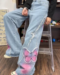 Jeans*Boogzel Clothing Pink Butterfly Wide Leg Jeans Blue