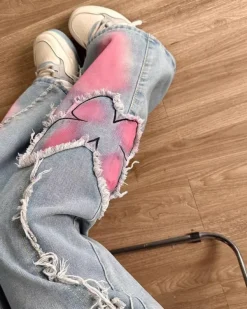 Jeans*Boogzel Clothing Pink Butterfly Wide Leg Jeans Blue