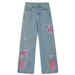 Jeans*Boogzel Clothing Pink Butterfly Wide Leg Jeans Blue