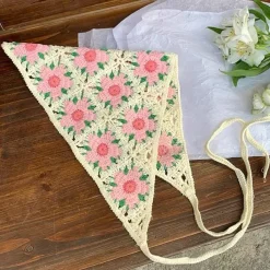 Other*Boogzel Clothing Pink Flower Crochet Bandana Beige/pink