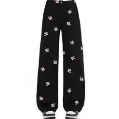 Pants & Trousers*Boogzel Clothing Pink Rose Embroidery Wide Leg Pants Black/pink