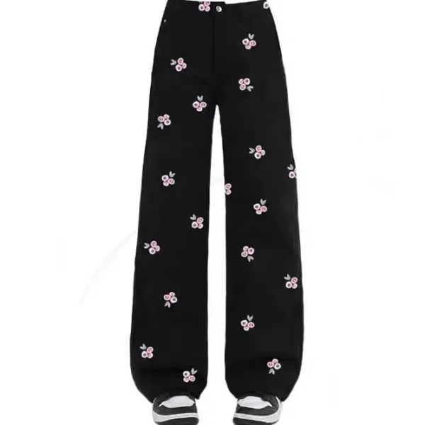 Pants & Trousers*Boogzel Clothing Pink Rose Embroidery Wide Leg Pants Black/pink