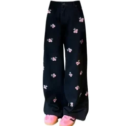 Pants & Trousers*Boogzel Clothing Pink Rose Embroidery Wide Leg Pants Black/pink