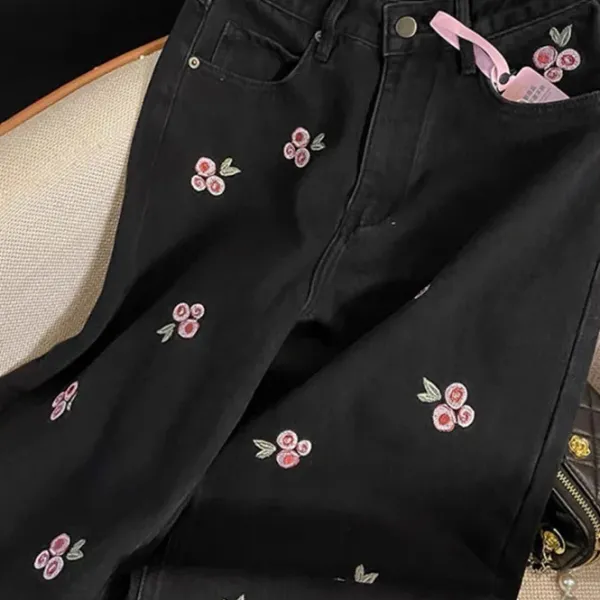 Pants & Trousers*Boogzel Clothing Pink Rose Embroidery Wide Leg Pants Black/pink