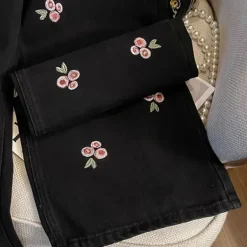 Pants & Trousers*Boogzel Clothing Pink Rose Embroidery Wide Leg Pants Black/pink