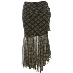 Skirts*Boogzel Clothing Plaid Asymmetrical Mesh Skirt Green