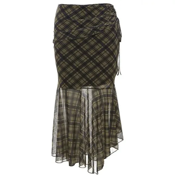 Skirts*Boogzel Clothing Plaid Asymmetrical Mesh Skirt Green