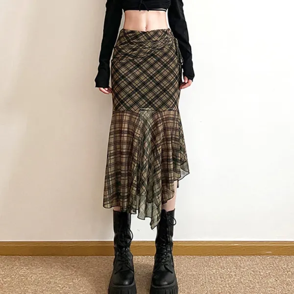 Skirts*Boogzel Clothing Plaid Asymmetrical Mesh Skirt Green