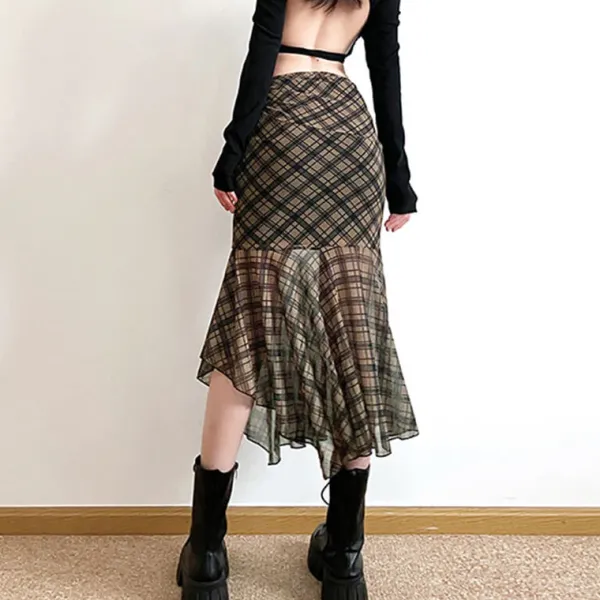 Skirts*Boogzel Clothing Plaid Asymmetrical Mesh Skirt Green