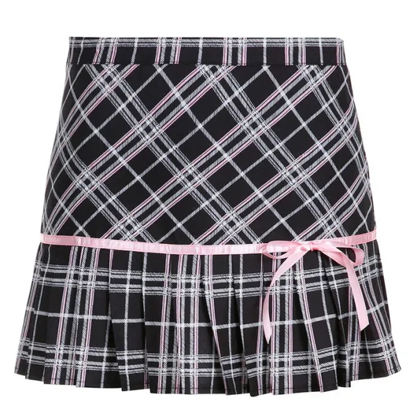 Skirts*Boogzel Clothing Plaid Coquette Ribbon Mini Skirt Pink/black