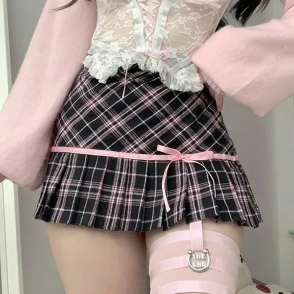 Skirts*Boogzel Clothing Plaid Coquette Ribbon Mini Skirt Pink/black
