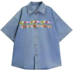 Mens*Boogzel Clothing Plants & Pots Embroidery Denim Shirt Blue