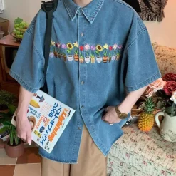Mens*Boogzel Clothing Plants & Pots Embroidery Denim Shirt Blue