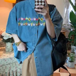 Mens*Boogzel Clothing Plants & Pots Embroidery Denim Shirt Blue