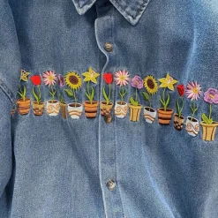 Mens*Boogzel Clothing Plants & Pots Embroidery Denim Shirt Blue
