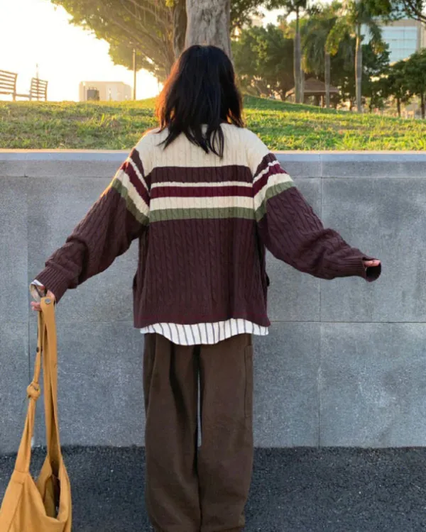 Striped Sweaters|Knit Cardigans*Boogzel Clothing Preppy Aesthetic Collar Striped Cardigan Brown