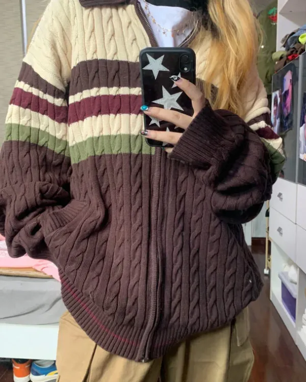Striped Sweaters|Knit Cardigans*Boogzel Clothing Preppy Aesthetic Collar Striped Cardigan Brown