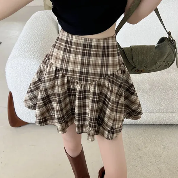 Skirts*Boogzel Clothing Preppy Aesthetic Plaid Ruffle Mini Skirt Brown