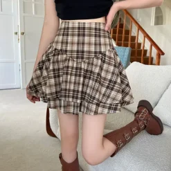 Skirts*Boogzel Clothing Preppy Aesthetic Plaid Ruffle Mini Skirt Brown