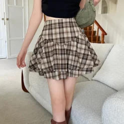 Skirts*Boogzel Clothing Preppy Aesthetic Plaid Ruffle Mini Skirt Brown