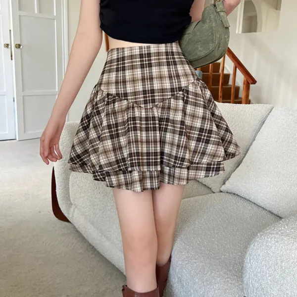 Skirts*Boogzel Clothing Preppy Aesthetic Plaid Ruffle Mini Skirt Brown