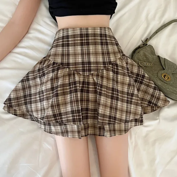 Skirts*Boogzel Clothing Preppy Aesthetic Plaid Ruffle Mini Skirt Brown