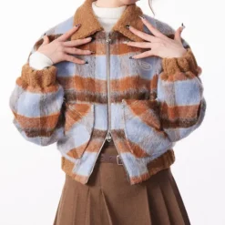 Coats & Jackets*Boogzel Clothing Preppy Style Warm Checkered Jacket Brown/blue