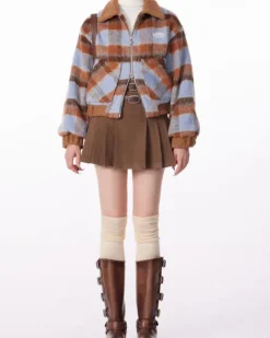 Coats & Jackets*Boogzel Clothing Preppy Style Warm Checkered Jacket Brown/blue