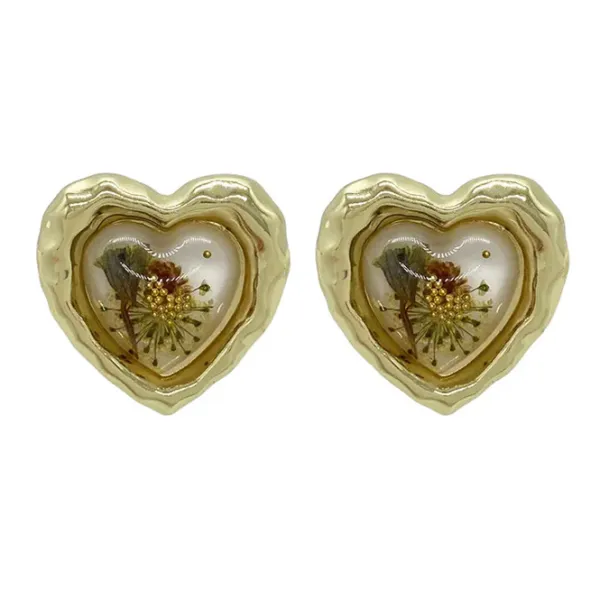 Earrings*Boogzel Clothing Pressed Flower Vintage Heart Earrings Gold