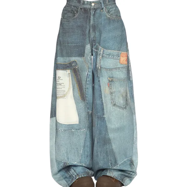 Pants & Trousers*Boogzel Clothing Printed Panel Look Baggy Denim Pants Blue