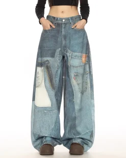Pants & Trousers*Boogzel Clothing Printed Panel Look Baggy Denim Pants Blue