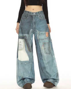 Pants & Trousers*Boogzel Clothing Printed Panel Look Baggy Denim Pants Blue