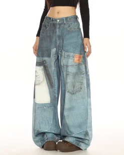 Pants & Trousers*Boogzel Clothing Printed Panel Look Baggy Denim Pants Blue