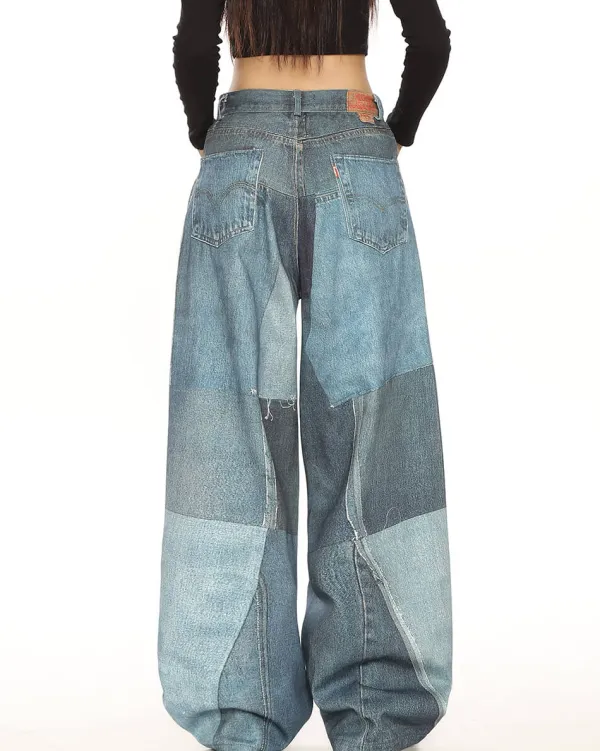 Pants & Trousers*Boogzel Clothing Printed Panel Look Baggy Denim Pants Blue