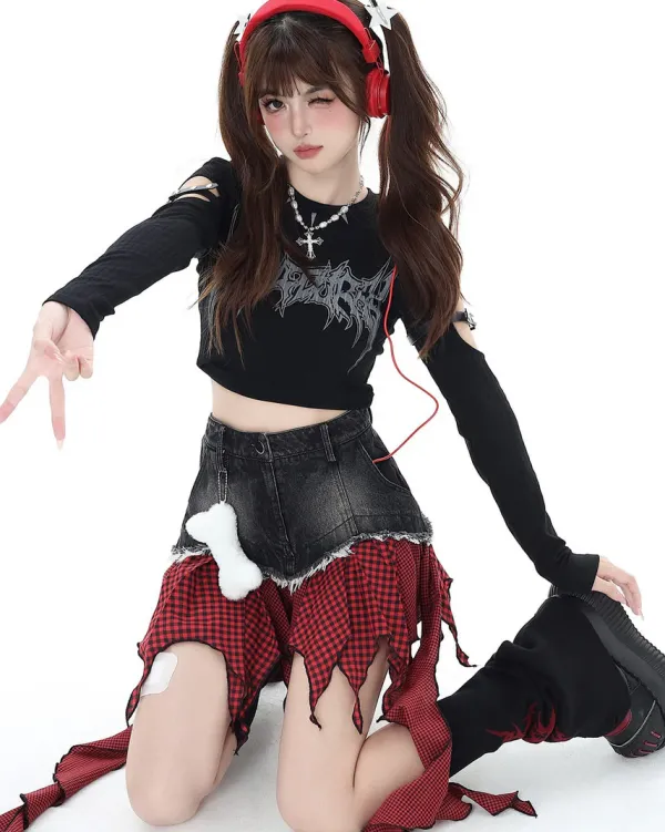 Skirts*Boogzel Clothing Punk Rock Laye Patchwork Skirt Red