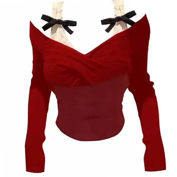 Long Sleeve Tops*Boogzel Clothing Off-Shoulder Bow Top Red