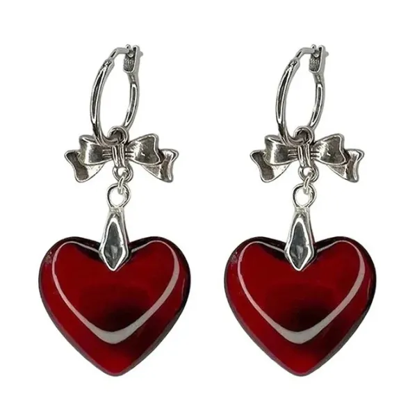 Earrings*Boogzel Clothing Red Stone Heart Bow Earrings Silver/red
