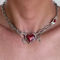 Necklaces & Chokers*Boogzel Clothing Red Stone Heart Chain Necklace Silver