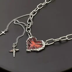 Necklaces & Chokers*Boogzel Clothing Red Stone Heart Chain Necklace Silver