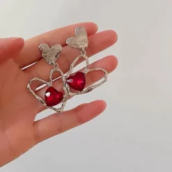 Earrings*Boogzel Clothing Red Stone Heart Earrings Silver/red