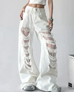Jeans*Boogzel Clothing Ripped Lace Baggy Jeans White