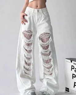 Jeans*Boogzel Clothing Ripped Lace Baggy Jeans White