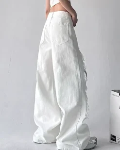 Jeans*Boogzel Clothing Ripped Lace Baggy Jeans White