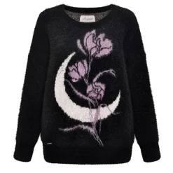Sweaters*Boogzel Clothing Rose & Moon Print Sweater Black/purple